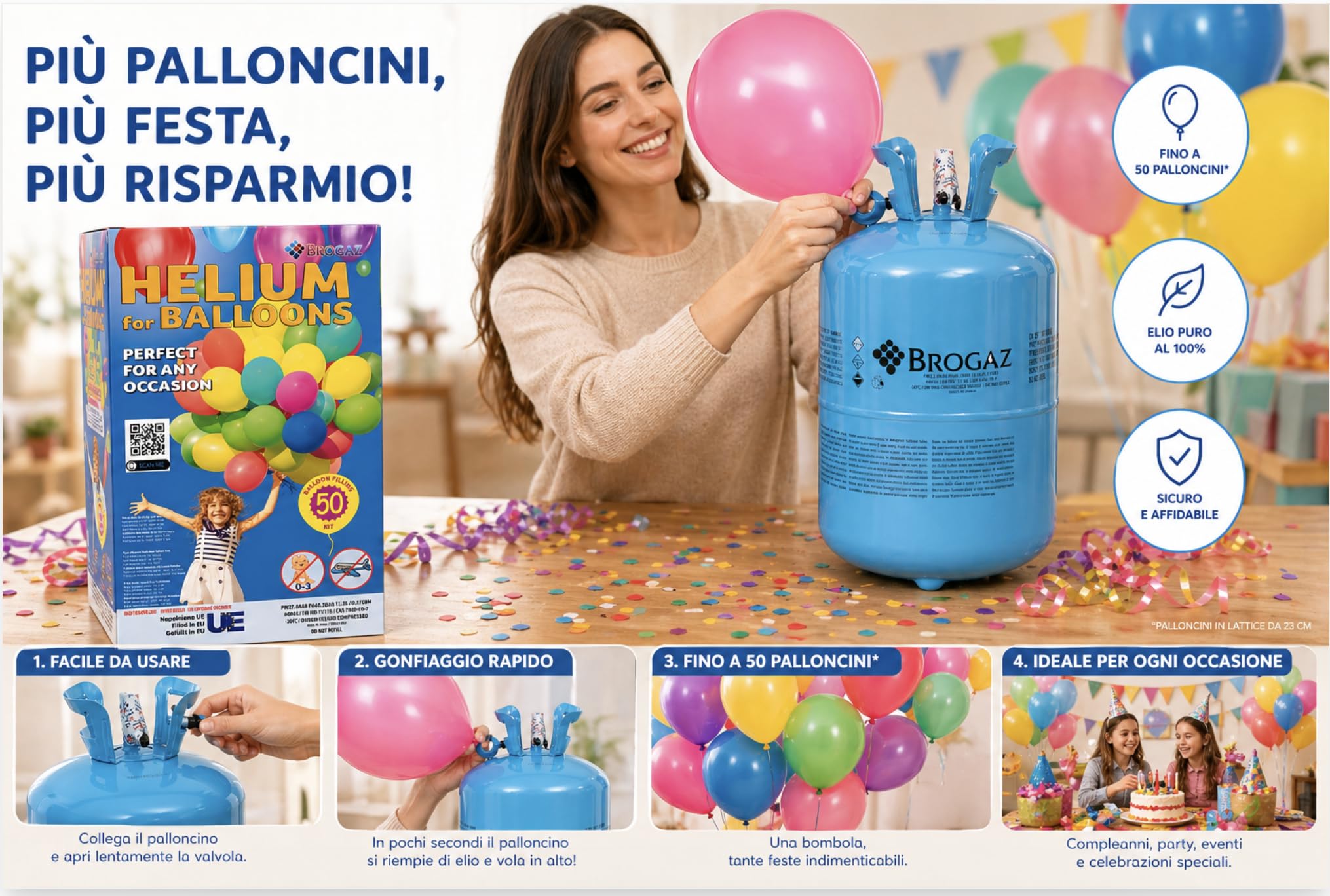 Bombola di Elio per 50 Palloncini - Gas Elio in Ricarica, Facile da Usare, Ideale per Feste e Eventi (Palloncini NON Inclusi)