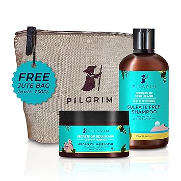 Pilgrim Healthy & Shiny Hair Care Kit With Jute Kit Bag | Sulphate Free Shampoo 200ml & Argan Oil Hair Mask 200gm For Gentle Cleansing, Frizz Control, Moisture & Shine