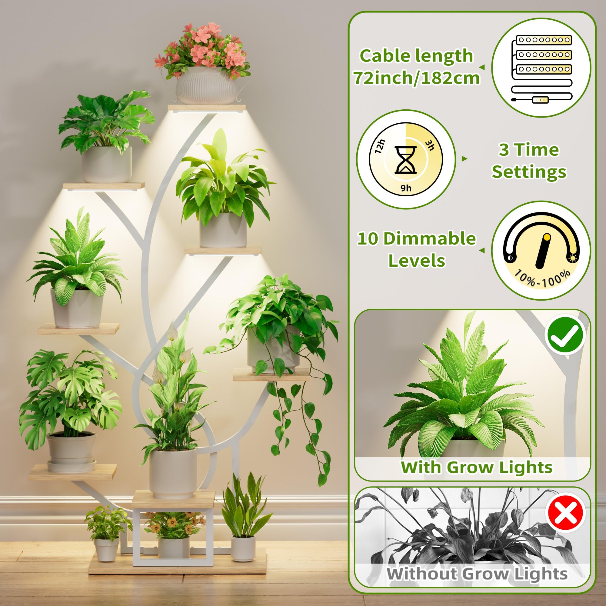 BACEKOLL Soporte para plantas con luz de crecimiento - 8 niveles, soporte para flores de 126 cm, metal y madera, estantería para plantas - para interior y exterior, escalera para flores - Blanco