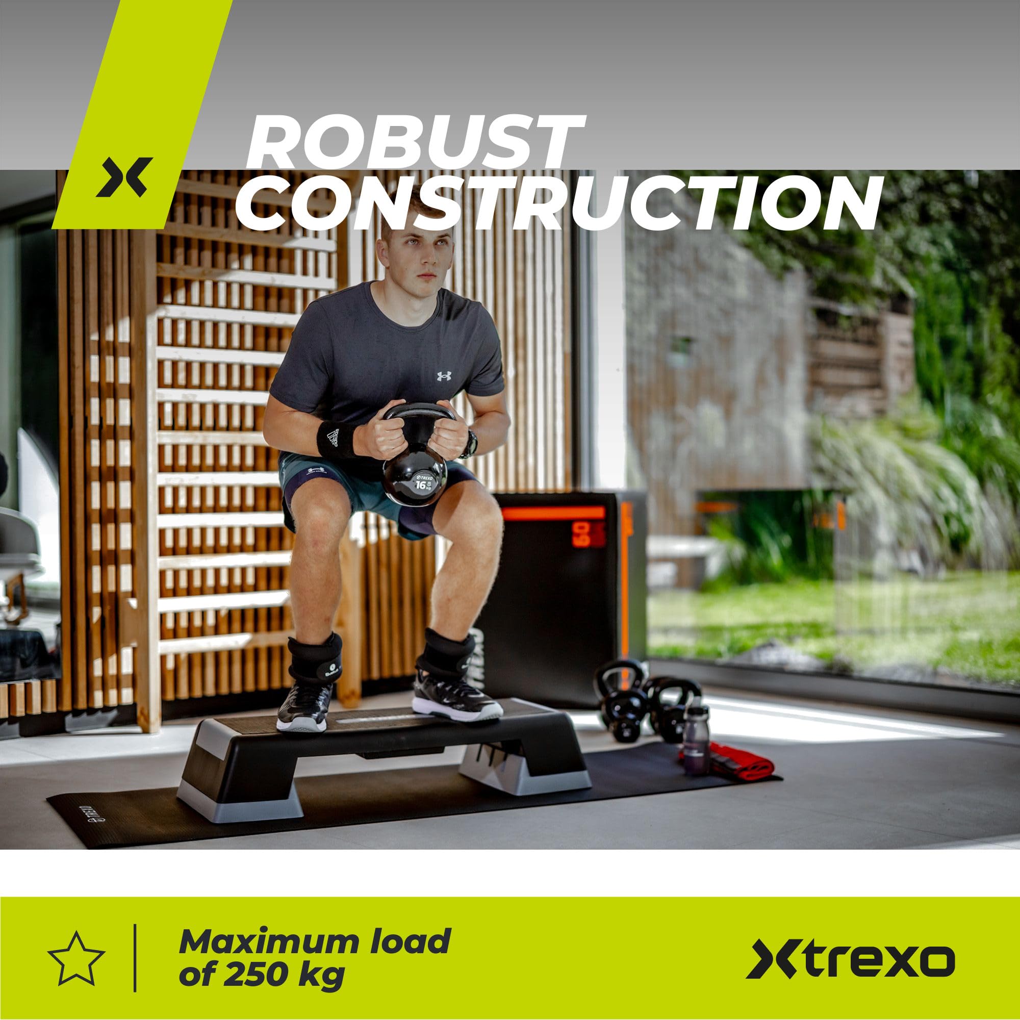 TREXO Paso aeróbico 98 x 38 cm para entrenamiento cardiovascular y fitness, altura regulable 15-20-25 cm, polipropileno duradero y TPR aeróbic Step de alta calidad hasta 250 kg