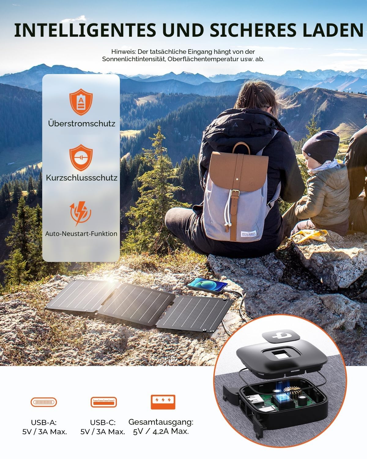 21W Tragbares Solarladegerät, BigBlue Faltbar Solarpanel (5V/4,2A Max.) mit USB-A und USB-C, IP68 Wasserdicht für Wandern, Camping, Kompatibel mit Handy, Tablette, Samsung, LG usw.