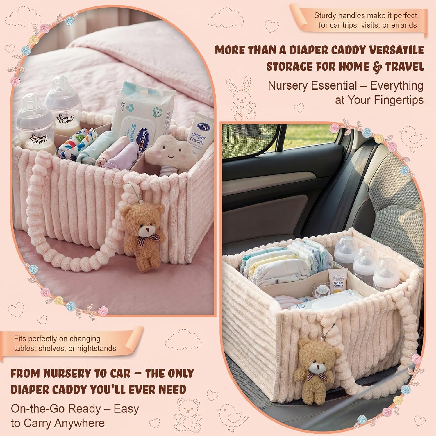 Abbylike 2 Pack Flannel Diaper Caddy Organizer with Gift Bag and Bow, Baby Shower Gift Basket with Handle, Portable Nursery Storage Basket Bin for Diapers, Wipes, Newborn Essentials