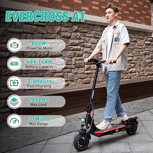 Miniatura 2 de EVERCROSS Patinete eléctrico A1 para adultos  Scooter portátil de viaje de 800 W con sistema de doble frenado, doble suspensión y neumáticos sólidos