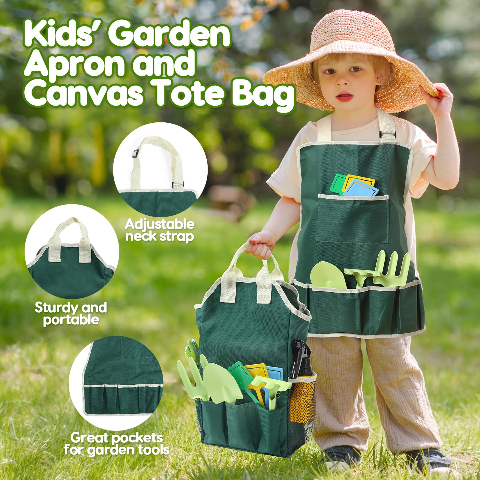 Juego de Jardín para Niños 2 Años con Herramientas Jardinería Kit, Regadera, Pala, Rastrillo, Guantes, Delantal, Pegatinas DIY