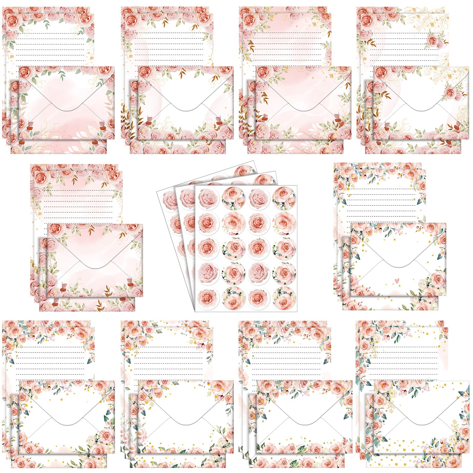 TaoBary 160 Pcs Stationery Paper Set 50 Double Sided Stationery Papers with 50 Matching Envelopes and 60 Round Dot Sticker, 10 Design(Pink Floral,5.5