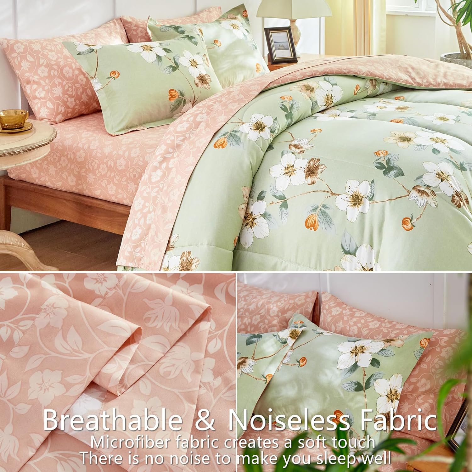 AIKASY 7 Piece Floral Comforter Set Queen Size - Soft Microfiber Bed in a Bag with Sheet Set for All Seasons - Green Flower Botanical Design - Reversible Bedding Set