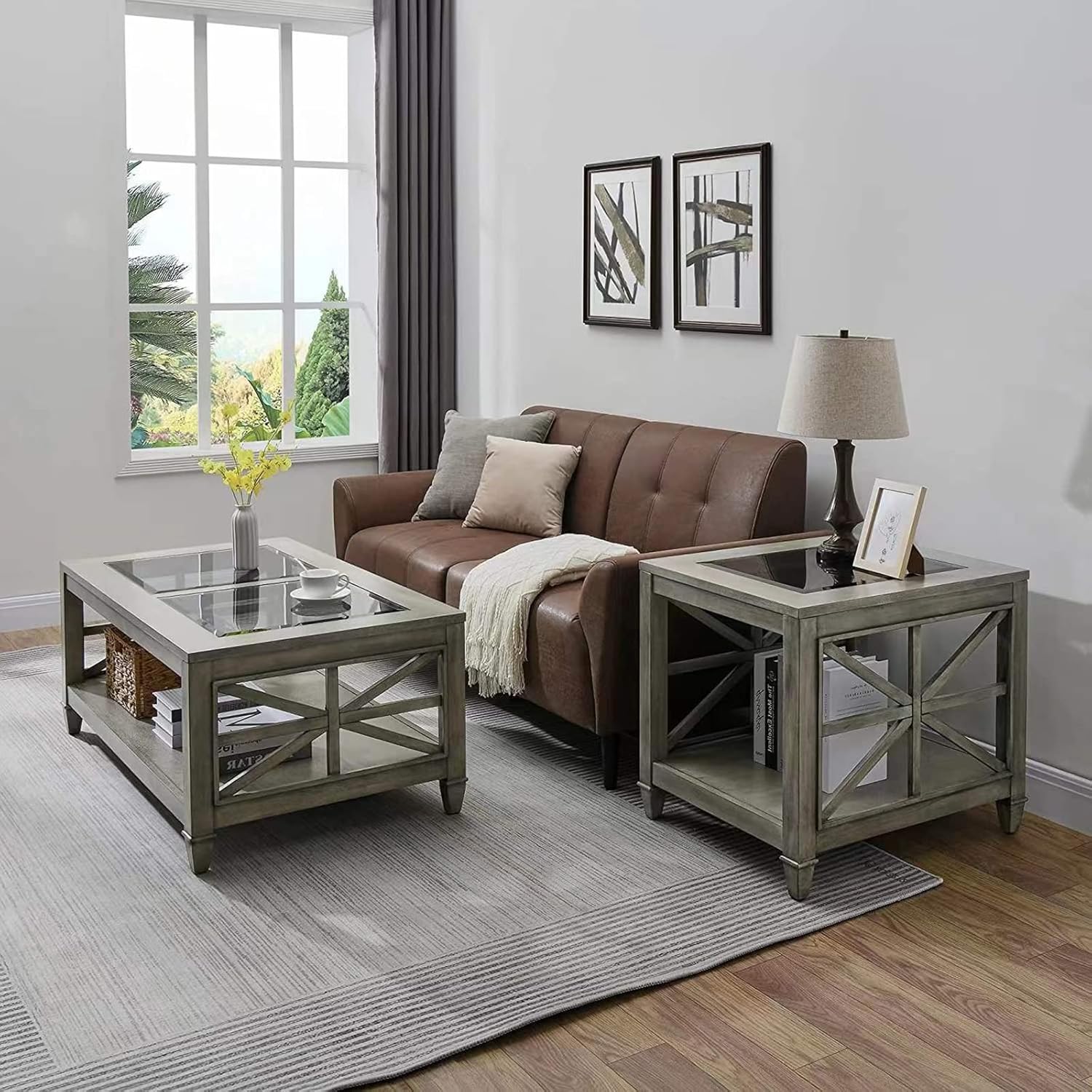 Solid Wood End Tables with Tempered Glass Top, 28" x 24" Large Farmhouse Side Table for Living Room, Bedroom & Office, Grey Wash