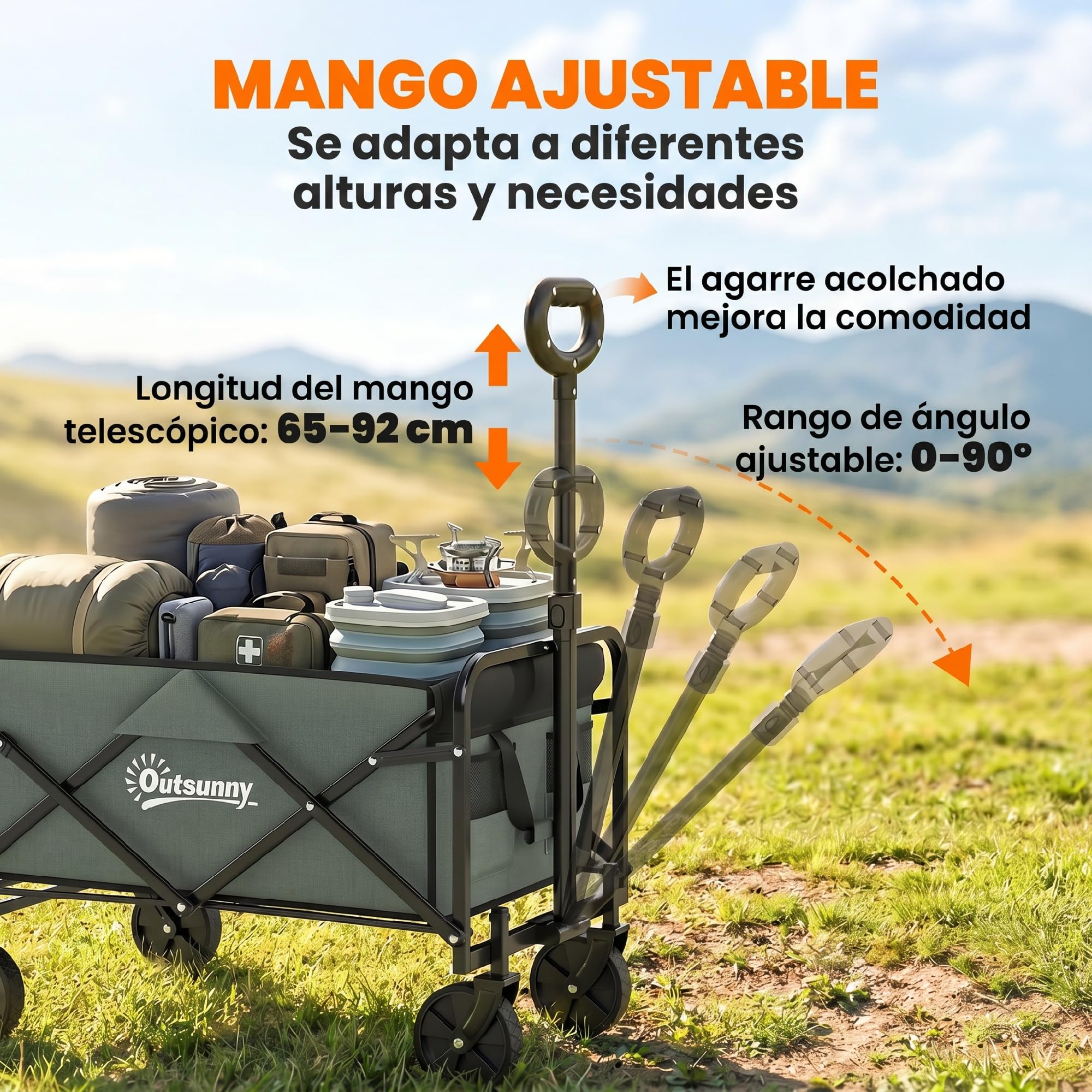 Outsunny Carro Playa con Ruedas Carro de Jardín Plegable con Mango Telescópico Ajustable Puerta Trasera Expandible Carga 90 kg Carrito Transporte para Todo Terreno Jardín Campaña Compra Verde