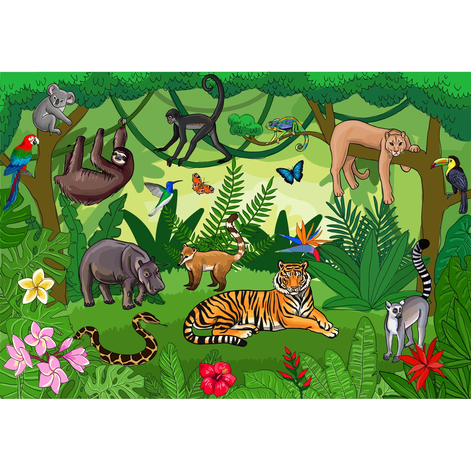 Animal World Backdrop Jungle Animals Safari Tropical Forest Photography Background African Animals Cartoon Illustration Walk in Savanna Backdrops