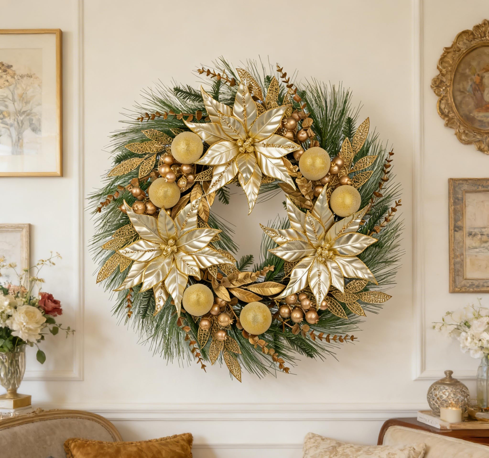 Décoration de Noël Couronne de l'Avent 60 cm Couronne de Noël Dorée Couronne Artificielle Couronne Murale Couronne de Table Noël Décoration de Noël Porte d'Entrée Table Mur Salon Chambre