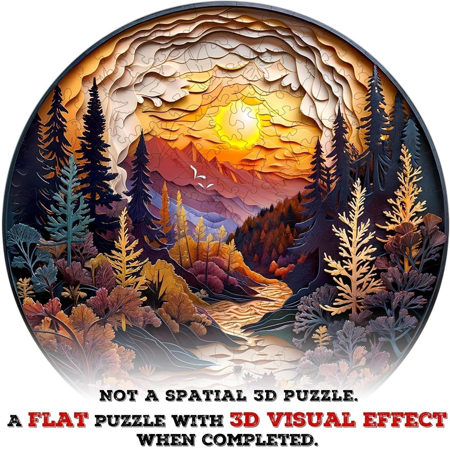 Wooden Puzzles for Adults - Sunset Forest Puzzle, Flat Puzzle with 3D Visual Effect, Unique Shape Wooden Jigsaw Puzzles, Good Gift Idea for Family and Friends (M-11.4 * 11.4in - 200 Pieces)