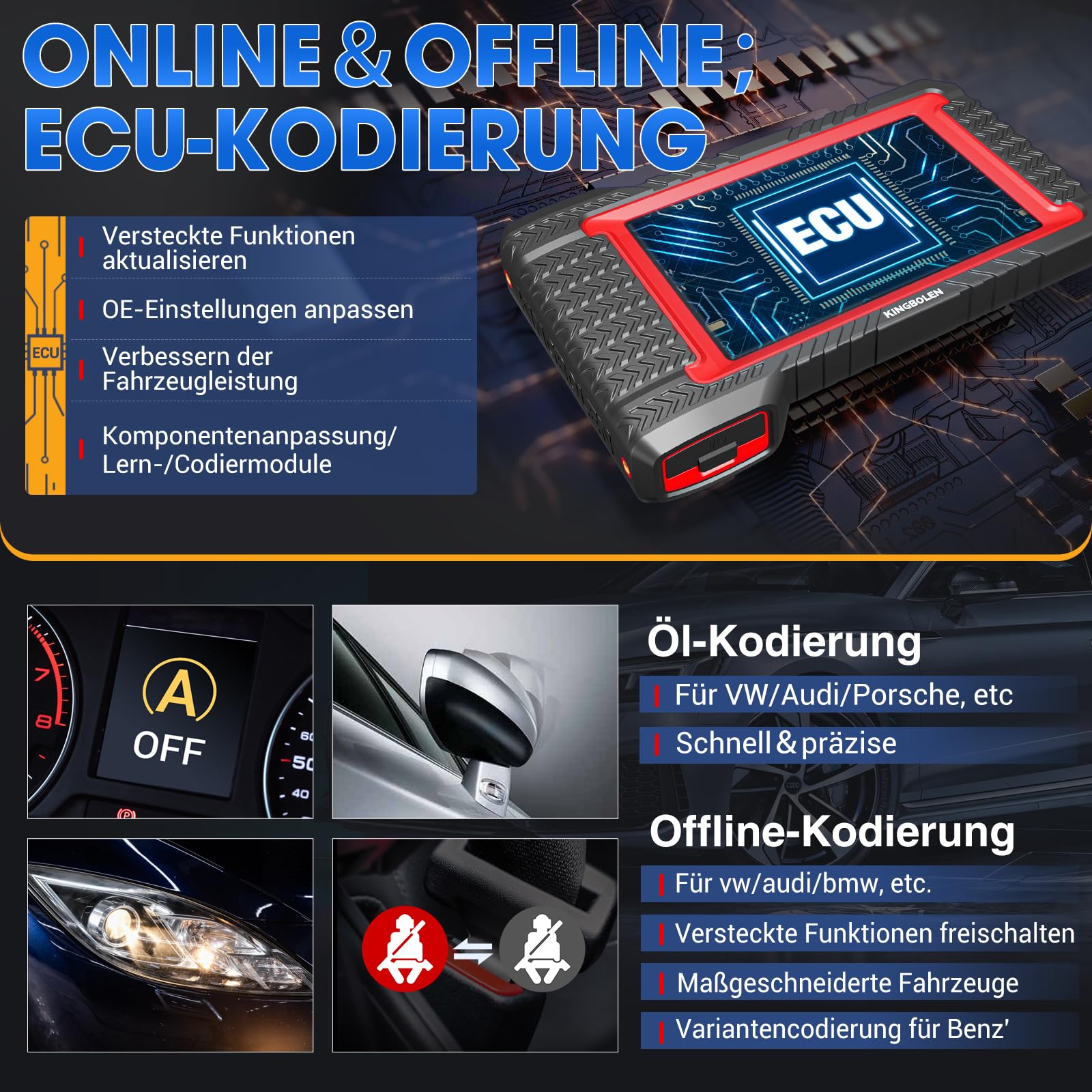 KINGBOLEN K7 Obd2 Diagnosegerät für Alle Fahrzeuge,Bi-Direktionale Diagnosegerät Auto Lebenslang Kostenloses Update,kfz Tester mit Alle Systemdiagnosen,ECU-Kodierung,36+ Dienst Zurücksetzen.