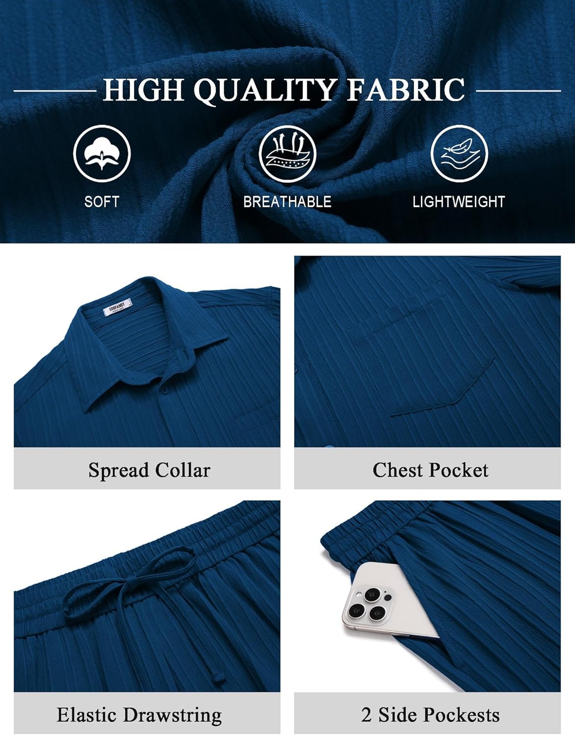 COOFANDY Mens Beach Outfits 2 Piece Sets Casual Short Sleeve Button Down Summer Textured Shirt - Image 5