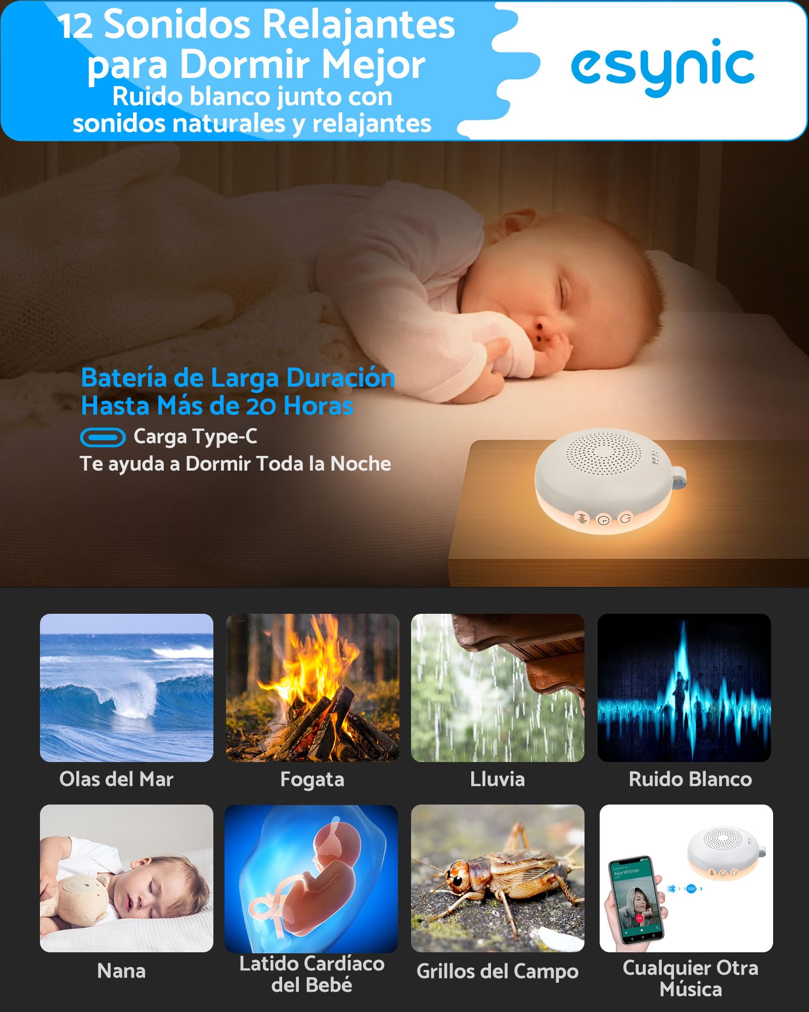 eSynic Mini Máquina de Ruido Blanco para Bebés y Adultos Recargable Máquina de Sonido Portátil con Luz Nocturna Ajustable Aparato de 12 Sonidos Relajantes Temporizador Anillo Colgante Desmontable