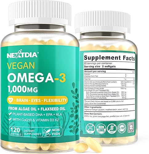 Paquete de 2 suplementos veganos Omega 3 D3 K2 CoQ10, DHA EPA ALA a base de plantas para mujeres y hombres, suplemento de aceite de linaza de algas