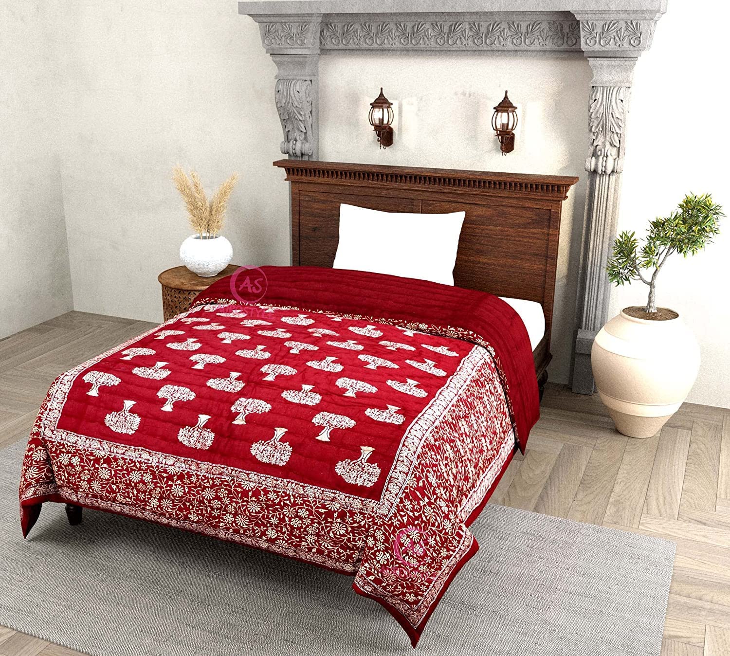 AUROSTYLE 400 TC Pure Cotton Floral Design with Gold Printed Traditional Rajasthani Jaipuri Quilt/Razai/Rajai (Light Weight, Double Bed-90 x 105 Inch) (Design 6)| TC - 400 2