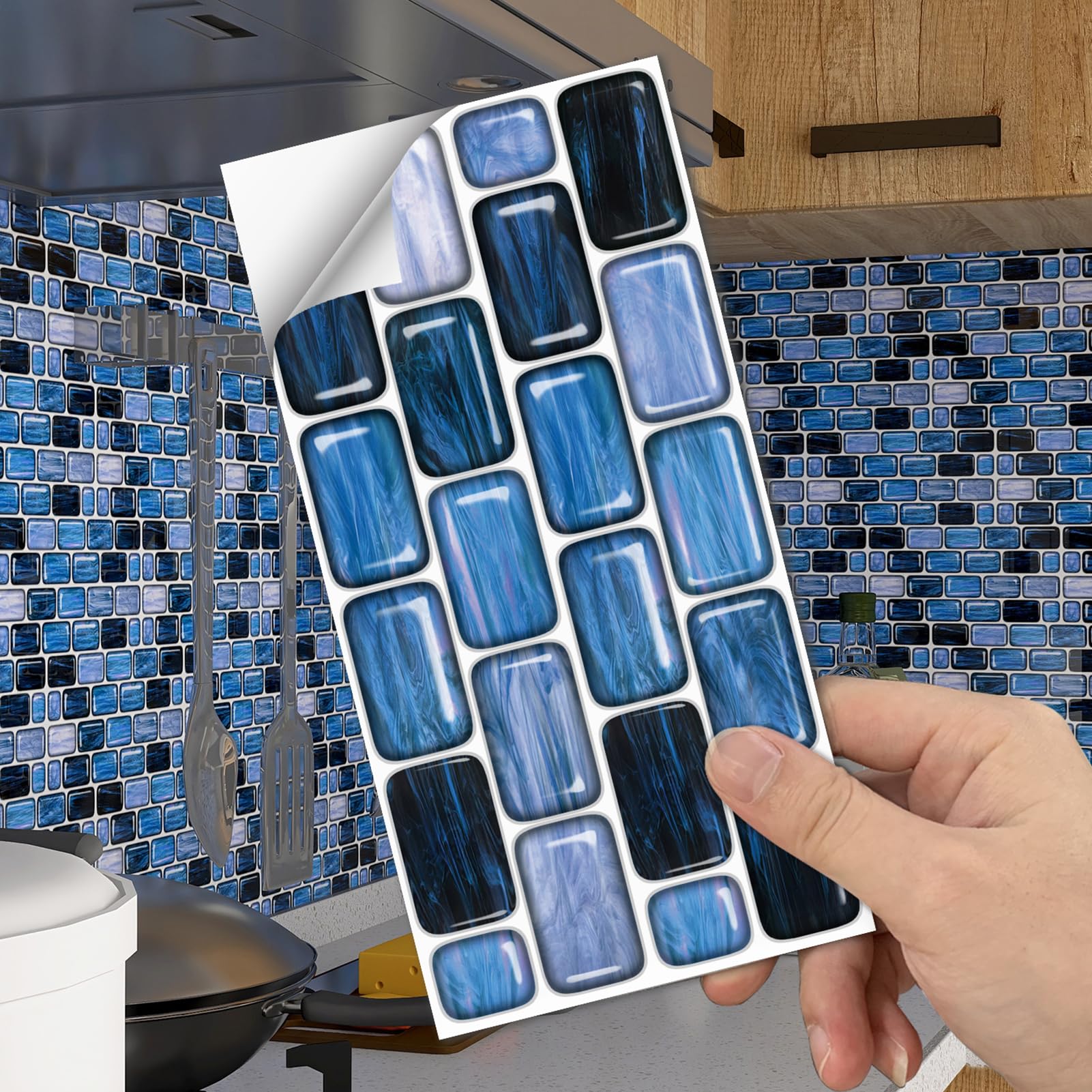 Tile Stickers for Kitchen Wallpaper, Stick On Tiles for Bathroom Wall Self Adhesive Waterproof Vinyl Peel and Stick Wall Tiles Covers, Blue Crystal Lattice Mosaic