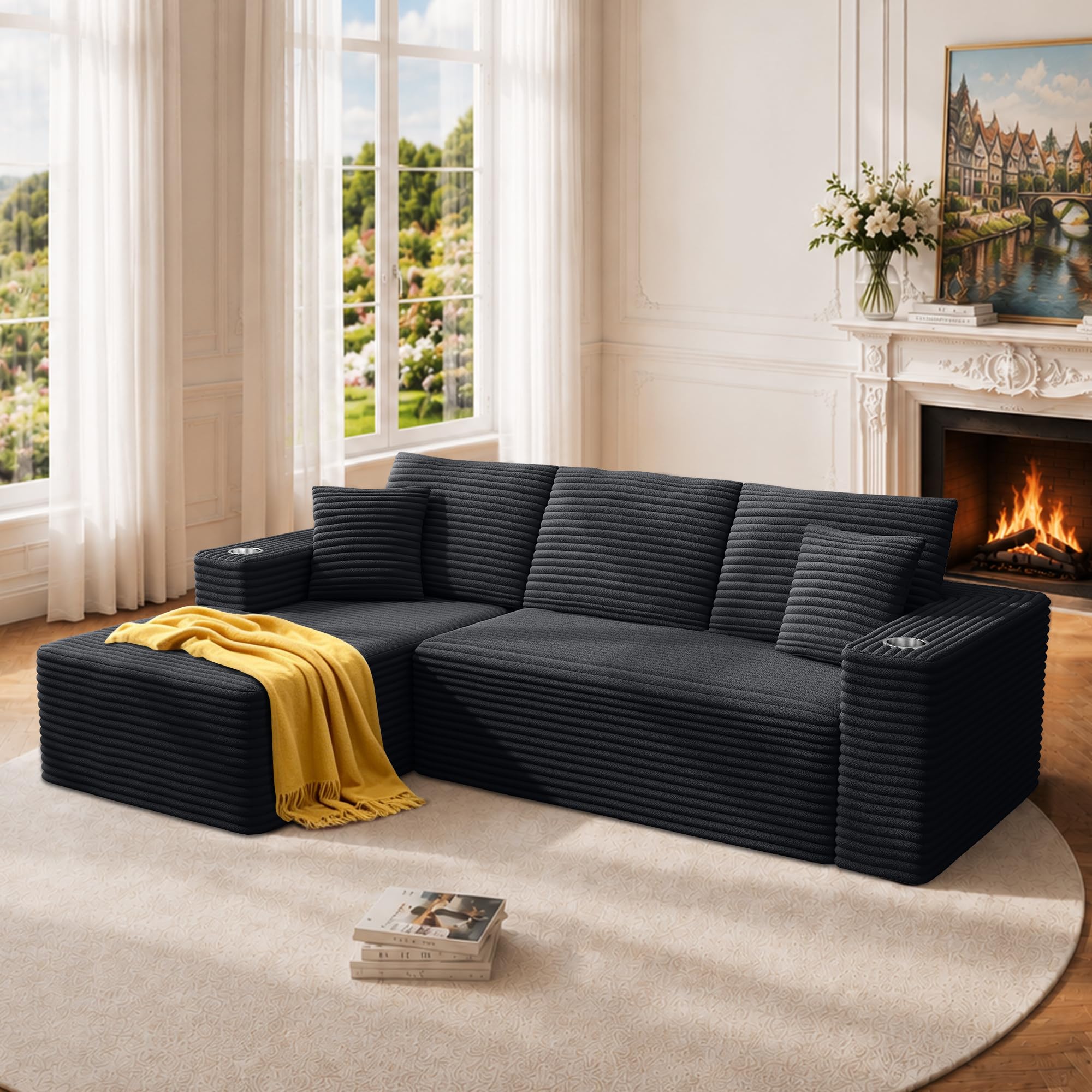 Modulares Sofa 261cm/102” Ecksofa mit Schlaffunktion, L-Form rahmenloses Sofa mit Chaiselongue, Cloud Couch 3 sitzer mit 2 Getränkehaltern, Schaumstoff Sofas für Wohnzimmer, Schwarz