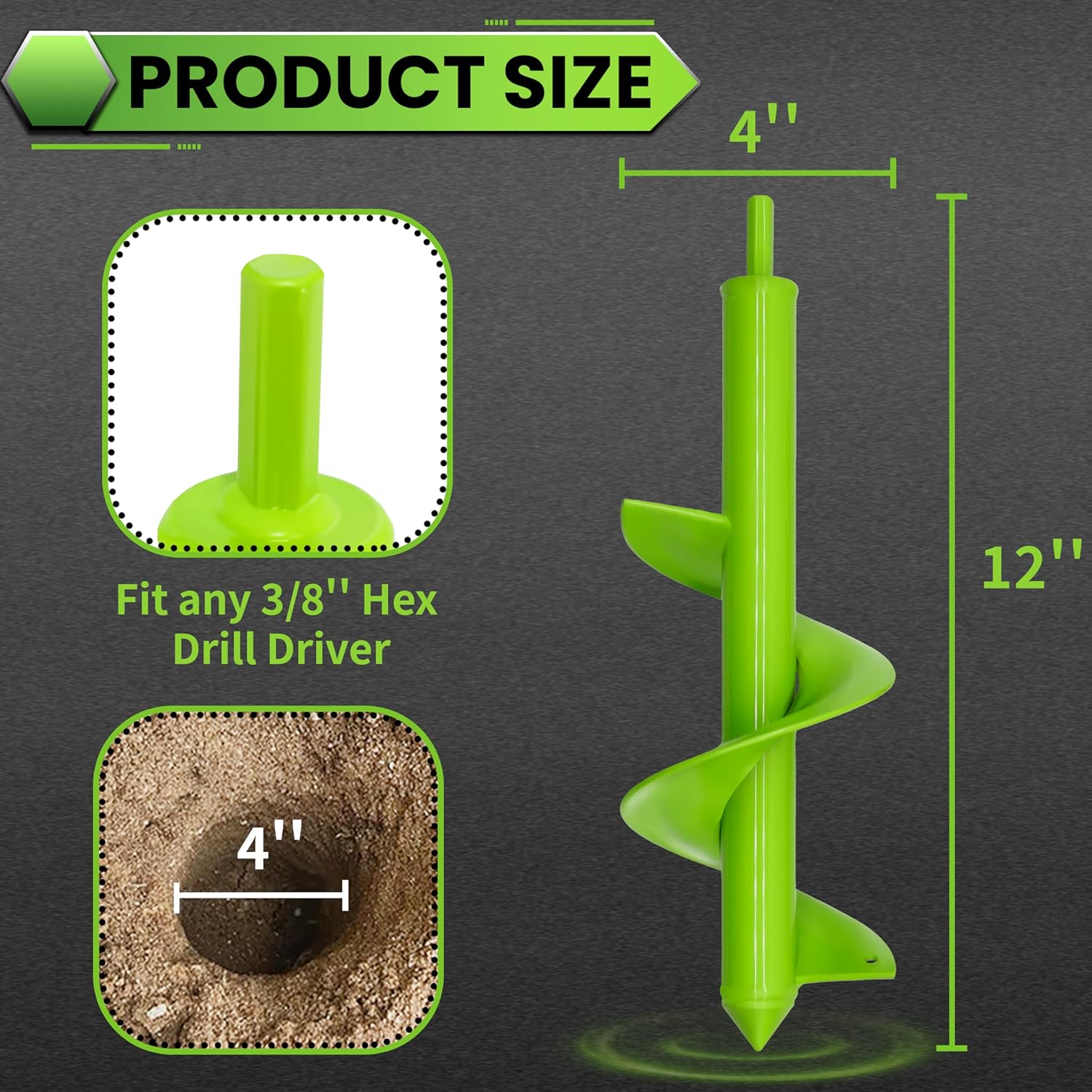 SYITCUN Auger Drill Bit for Planting - 4"X12" Heavy-Duty Garden Auger Spiral Drill Bit - Bulb Planter Tool & Auger Post Hole Digger - 3/8" Hex Drive Drill