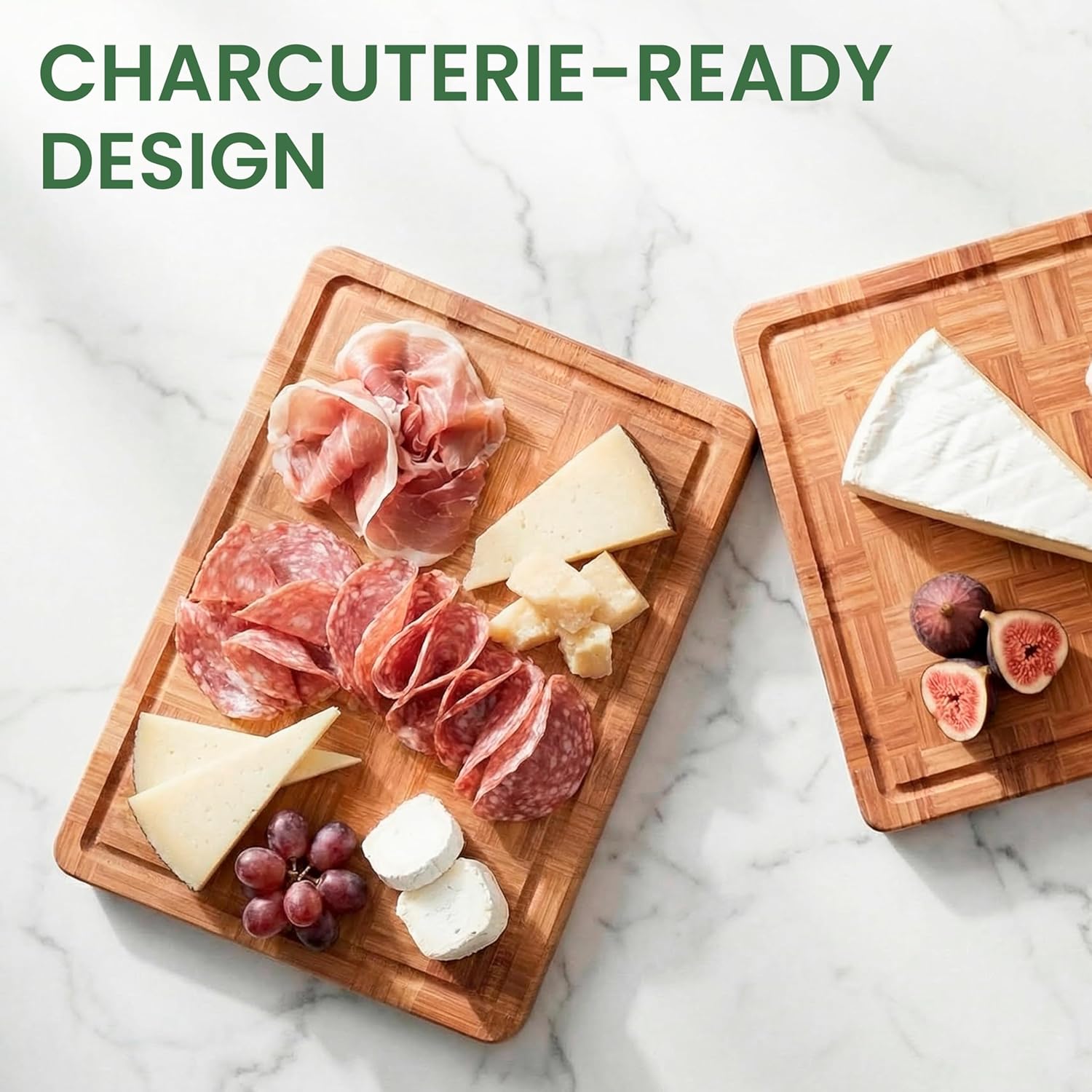 Premium Bamboo Cutting Board with Juice Groove – Carbonized for Strength & Crack Resistance – 14 x 10 x 1” Medium Wooden Chopping Board, Serving Tray or Charcuterie Platter – Easy Grip Handle