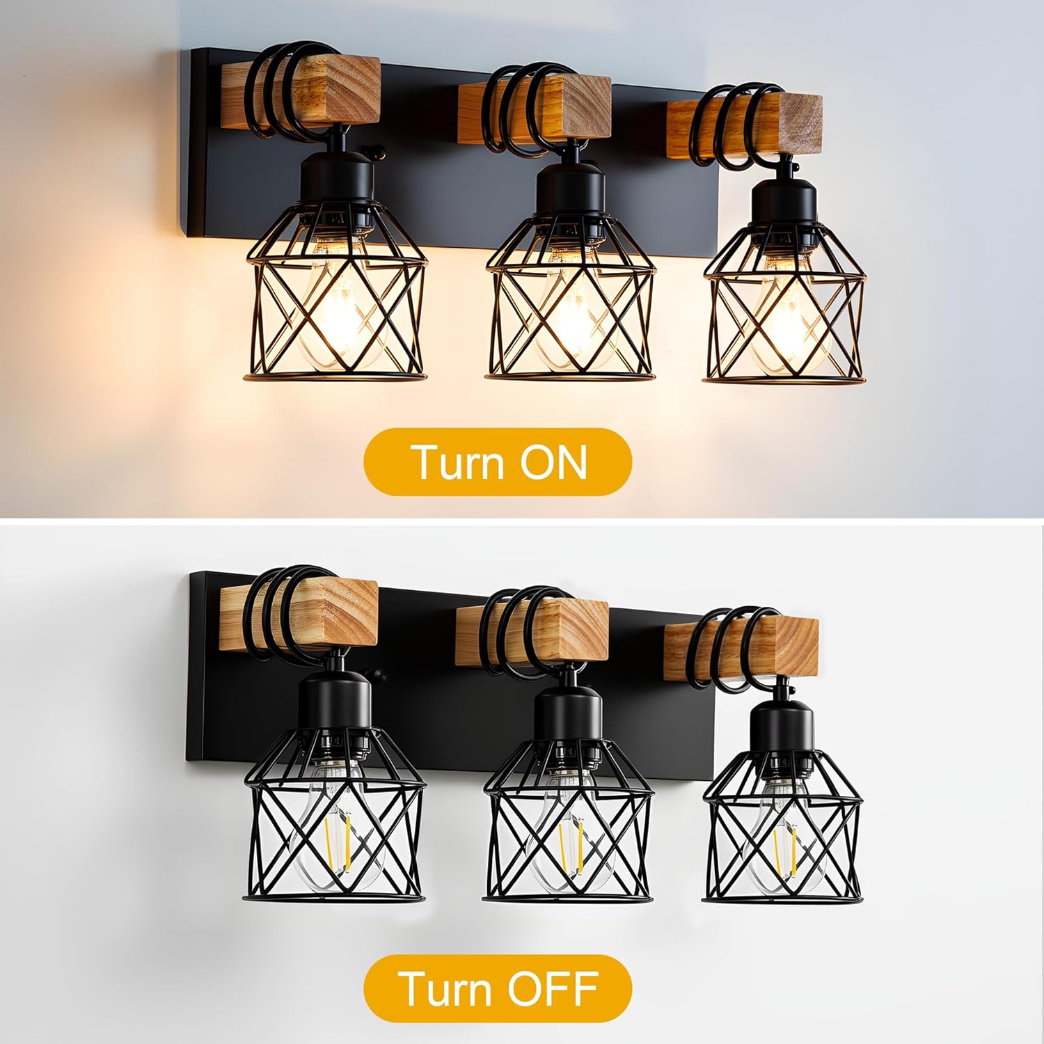 3-Light Farmhouse Bathroom Vanity Light Fixtures Over Mirror, Rustic Vanity Light for Bathroom Lighting, Black Wood Sconces Wall with Elegant Cage Metal Lampshade for Living Room, Bedroom, Hallway