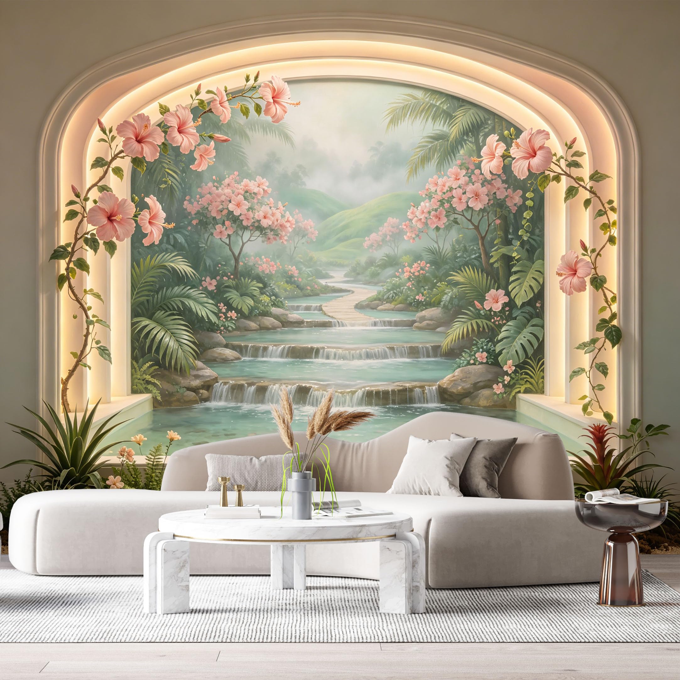 Custom Size Wall Murals Tropical River Waterfall Botanical Oil Painting 3D Trompe L'Oeil SelfAdhesiveWall Fabric Removable Wallpaper Wall Decor for Living Room Bedroom Bathroom