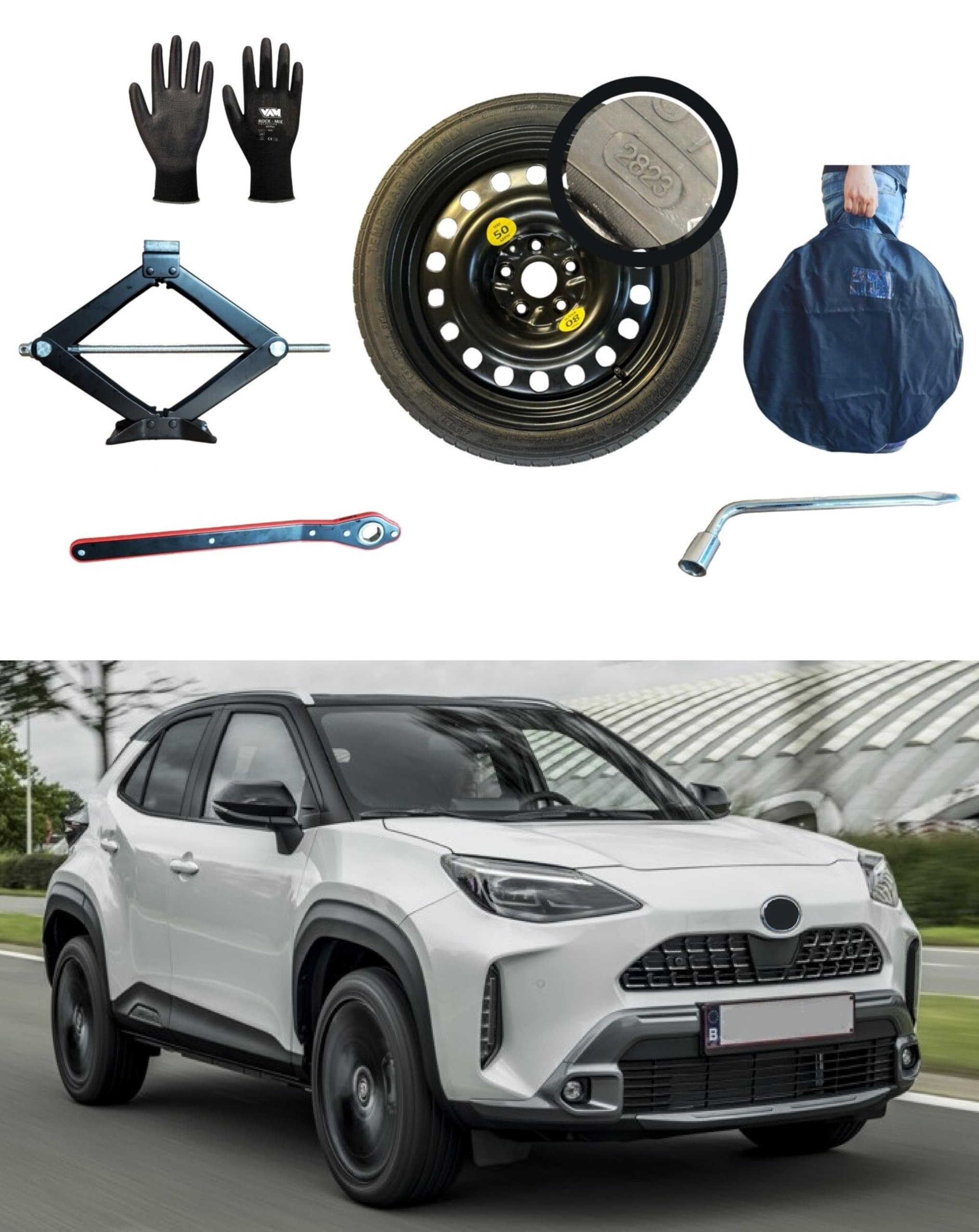 Kit Ruotino di Scorta 16" compatibile con Toyota Yaris Cross con Cric, Chiave, Guanti e Sacca 145/90R6