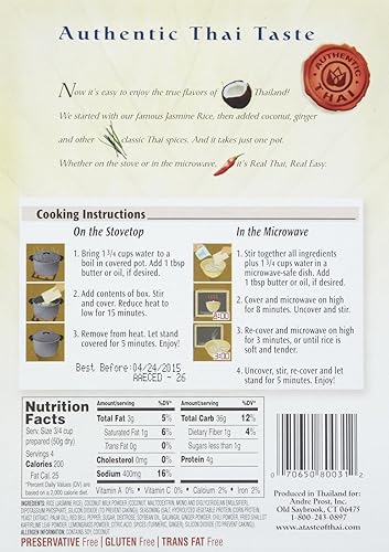 Miniatura 2 de A Taste of Thai Arroz de coco y jengibre, paquete individual de 7 onzas, arroz jazmín instantáneo saborizado con especias tailandesas clásicas, sin
