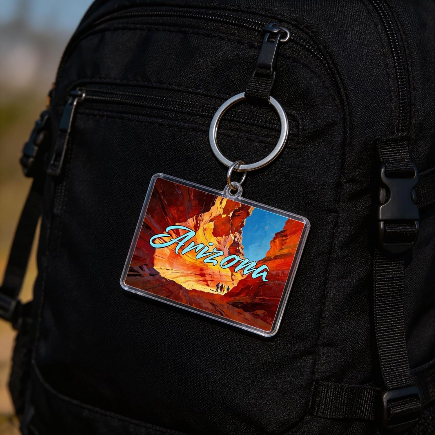 Arizona Souvenir Keychain, Acrylic, Rectangle, 1.97 x 1.57 Inches, Scenic Canyon Illustration with Metal Key Ring