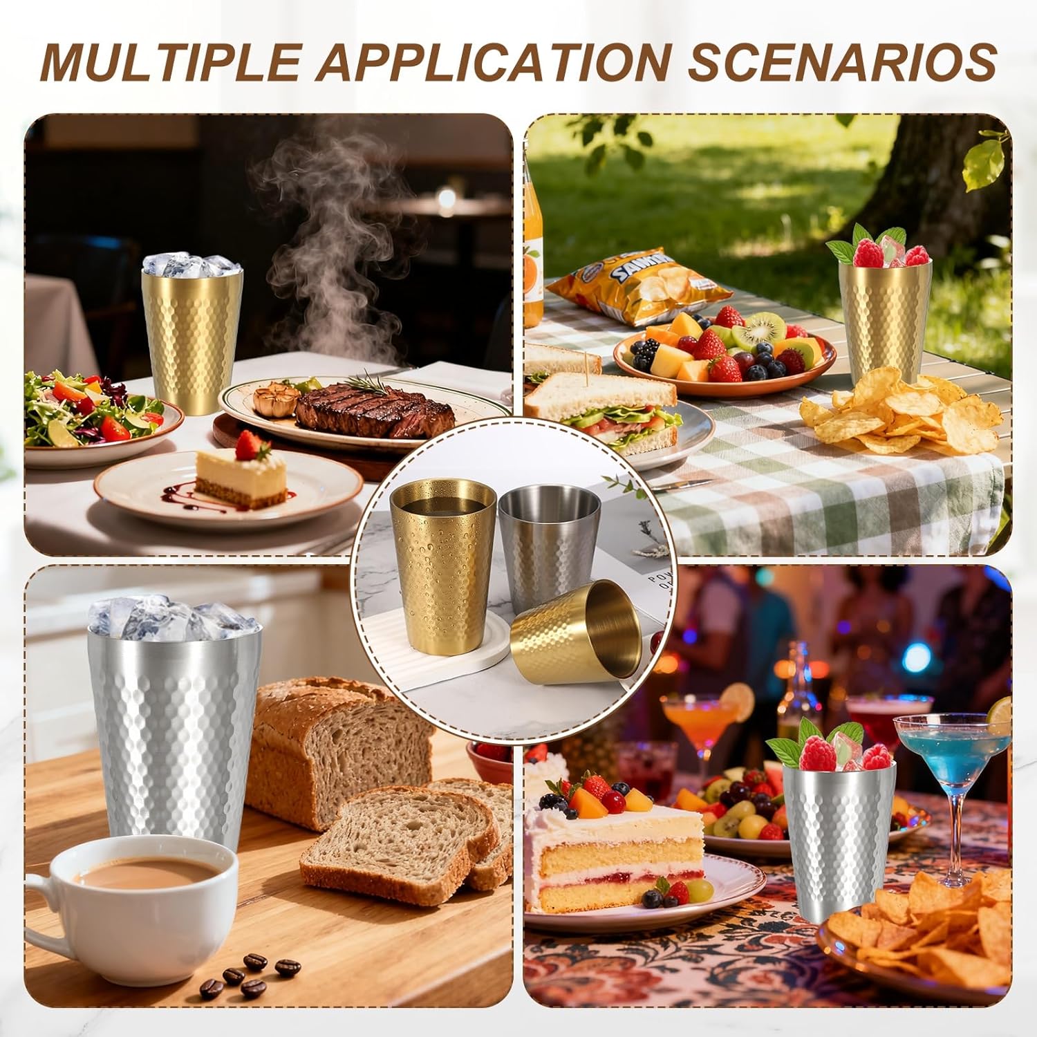 uxcell 2 Pcs Stainless Steel Cups, 9oz/260ml Metal Cups Diamond Textured Insulated Portable Stackable Drinking Tumblers for Home Restaurant Outdoor Travel Camping, Gold - Image 6