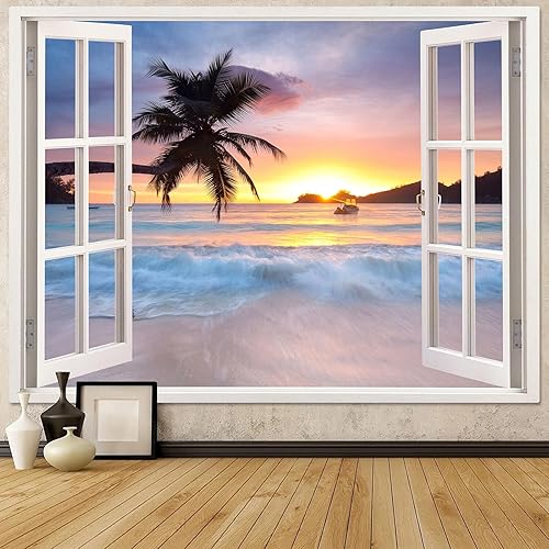 Miniatura 10 de Leeisysme Tapiz de paisaje de playa, océano tropical, isla de mar, palmera, para sala de estar, ventana de verano, para colgar en la pared, 36 x 48