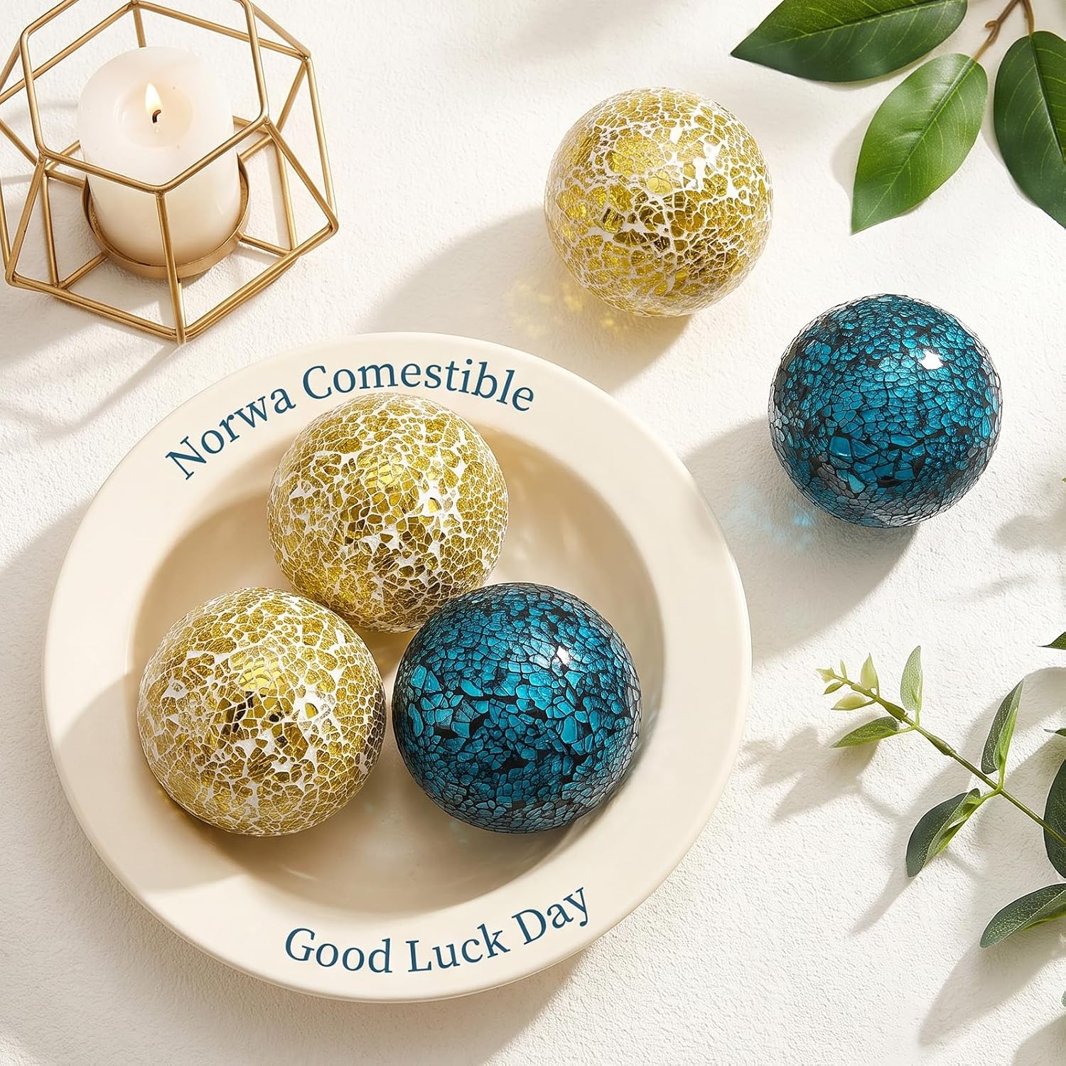 6 Pcs 3 Inch Glass Mosaic Sphere Decorative Balls for Bowls Mosaic Glass Orbs Gold and Deep Blue for Centerpiece Home Dining Table Bowls Tray Vase Filler Set