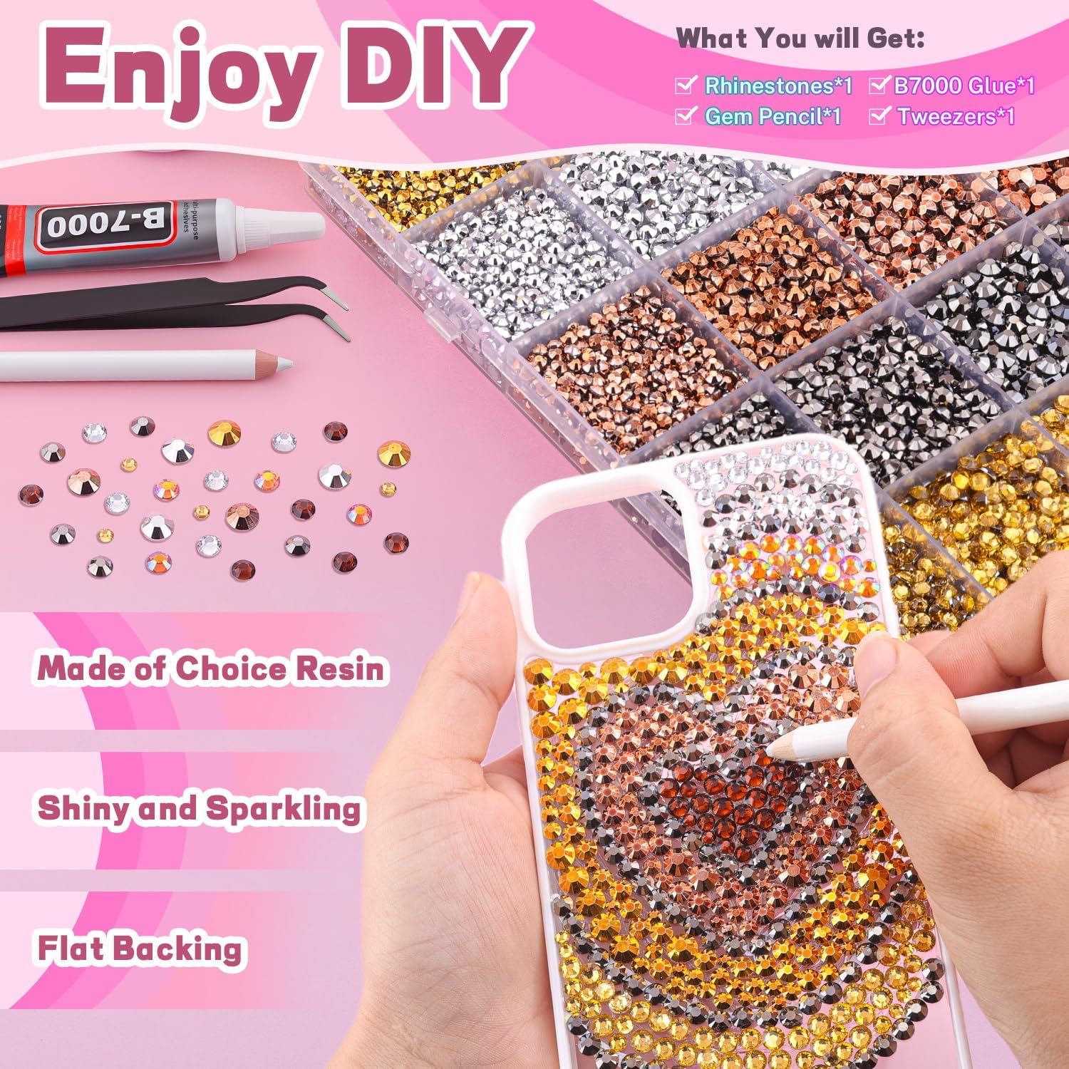 20000Pcs Metallic Rhinestones for Bedazzling with 1Pcs B7000 Jewelry Glue, Resin Rhinestones for Crafting Crafts DIY, Bedazzler Kit Gems for Clothing Shoes Tumblers Nail Art Assorted Size 3/4/5/6mm image 3