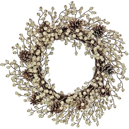 HGTV Home Collection Unlit Artificial Christmas Wreath, Clusters of Long Stemmed Berries, Woven Branch Ring Base, Unlit, 24 Inches