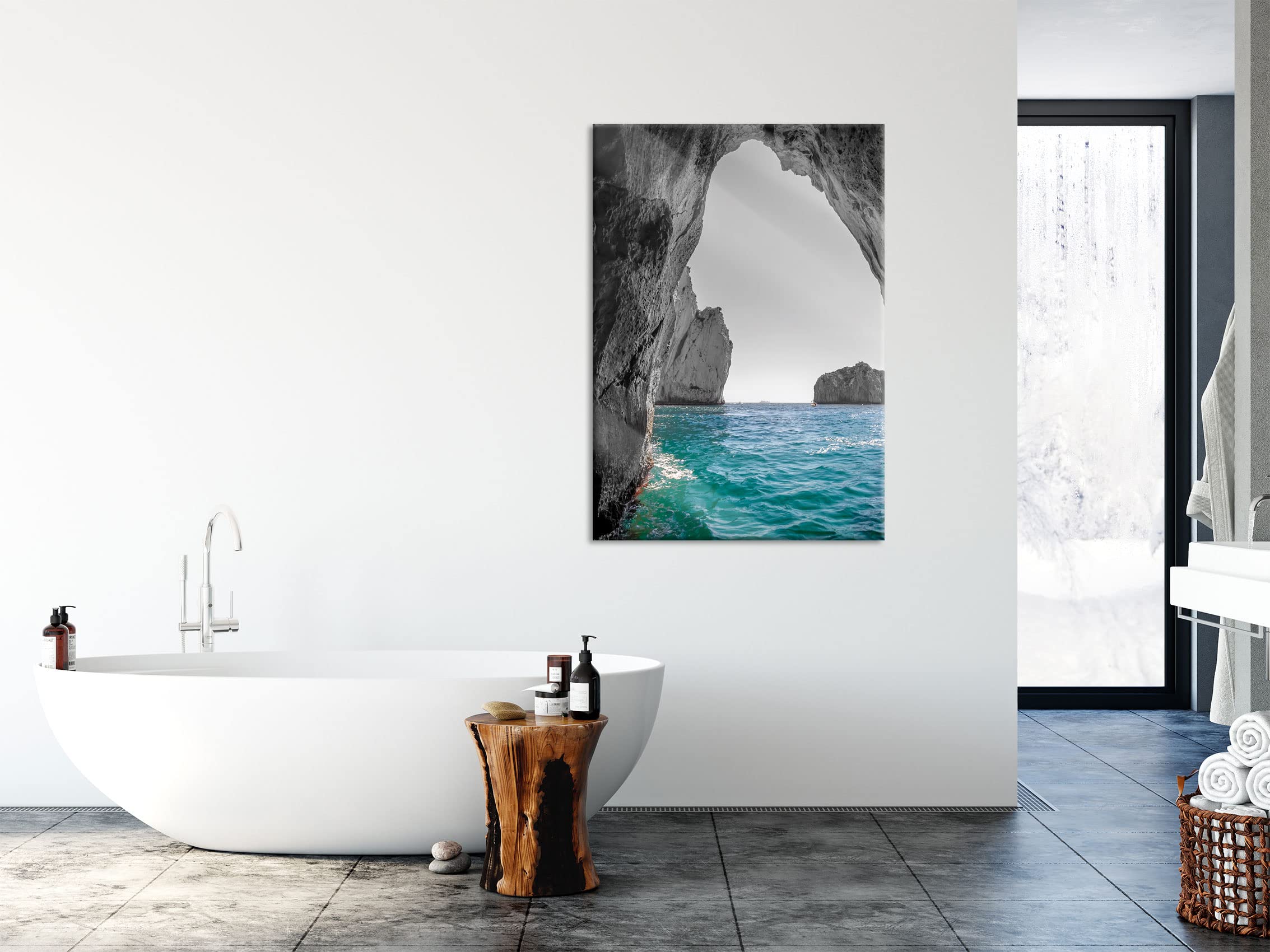 Pixxprint Glasbild, Wandbild aus Echtglas, Felsenbucht im Meer schwarz/weiß, 60x80 cm, inkl. Aufhängung und Abstandshalter