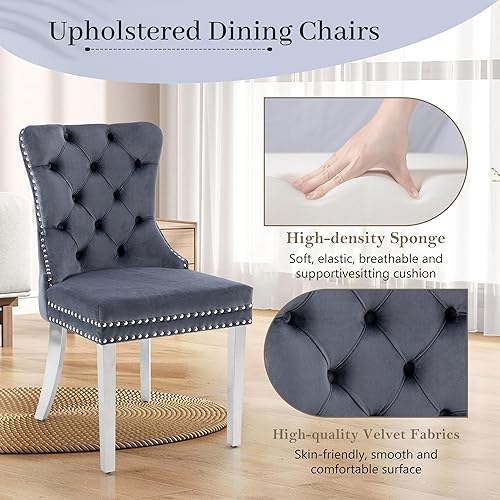 Miniatura 3 de KCC Juego de 2 sillas de comedor de terciopelo, sillas de comedor tapizadas de alta gama con mechones y ribete de tachuelas en el respaldo con