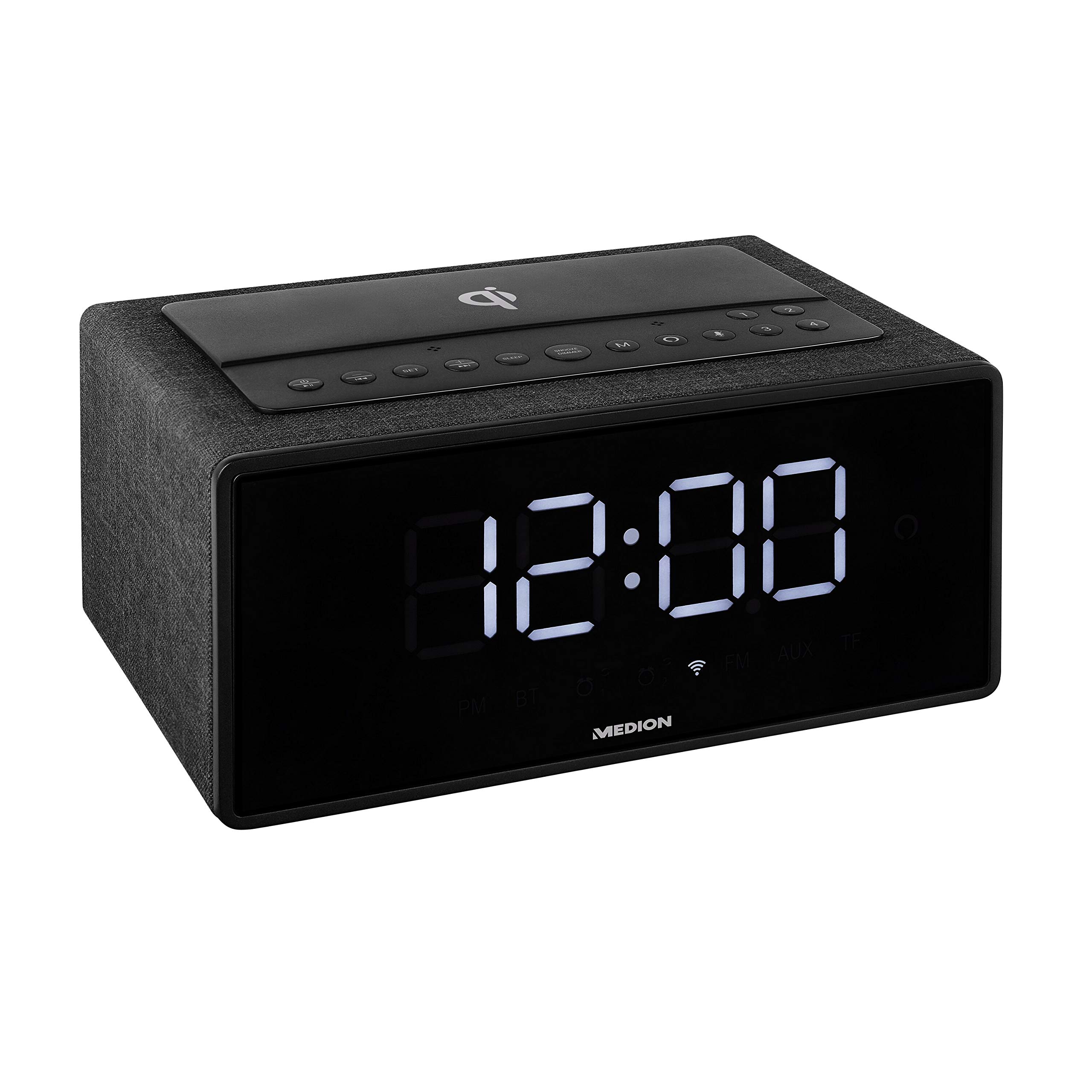MEDION P66970 WLAN Weckstation mit Amazon Alexa (Wecker, Qi Ladefunktion, großem Display, 2 Weckzeiten, Schlummerfunktion Snooze, DLNA, Party-Mode)