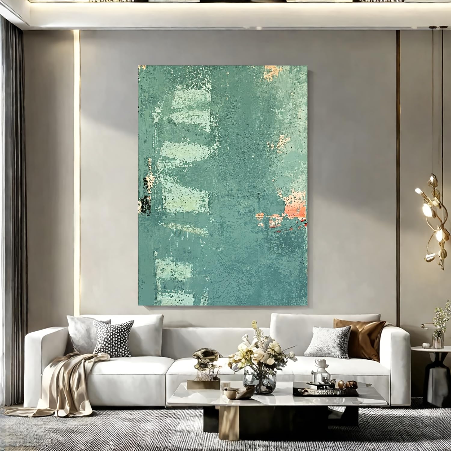 IHHGNB Abstract Wall Art - Large Mottled Green Canvas Painting with Unique Brushstrokes Minimalist Modern Home Decor(60x80cm(24x31in)/No frame)