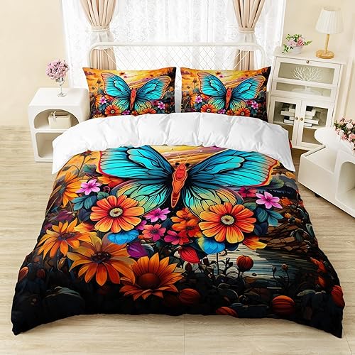 AILONEN Hermoso juego de funda de edredón de mariposa, tamaño matrimonial, juego de ropa de cama de mariposa azul con girasol para niños y niñas,