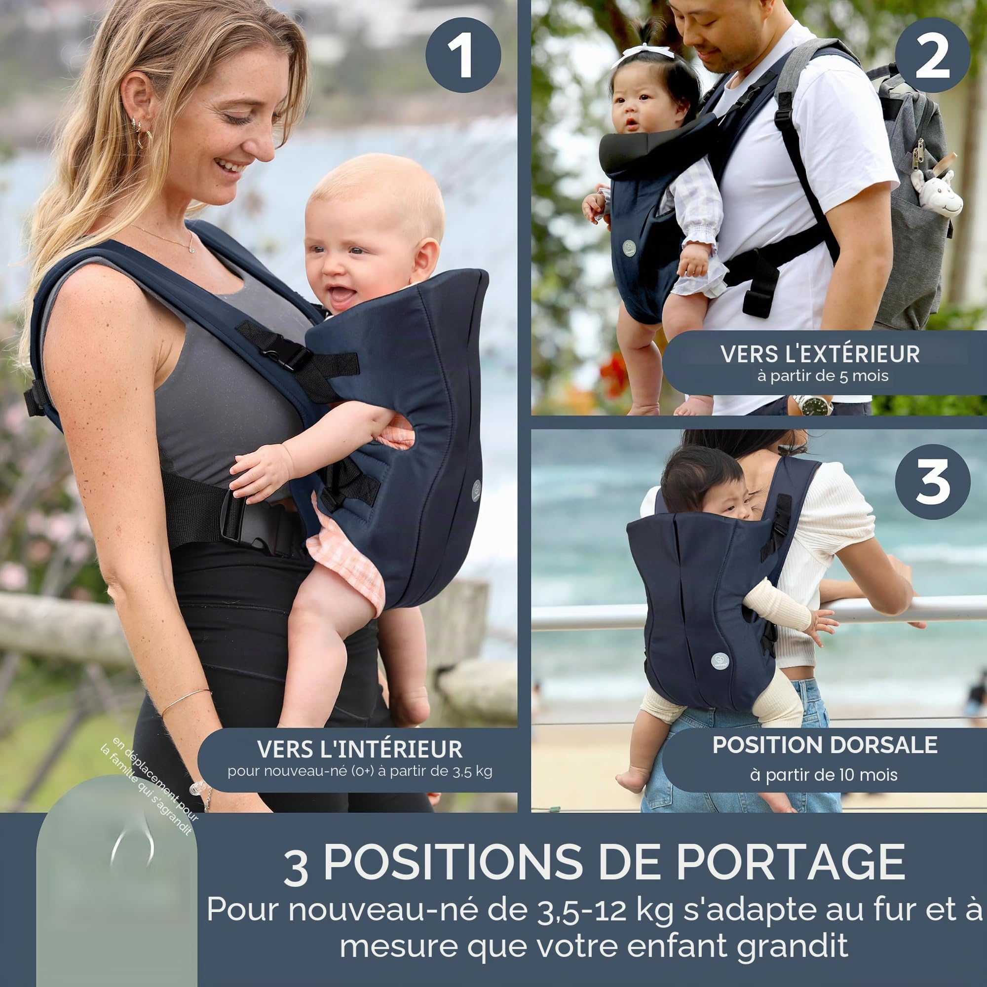 Dreambaby On-The-Move Porte-bébé 3 en 1 – Transport avant vers l'intérieur, avant vers l'extérieur et l'arrière – Léger, respirant, harnais réglable pour nourrissons et tout-petits, 3,5 à 12 kg