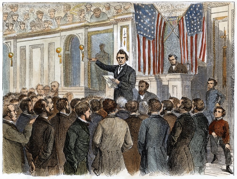 Johnson Impeachment 1868 Ncongressman Thaddeus Stevens (1792-1868) Closing The Debate In The House Of Representatives On The Proposed Impeachment Of President Andrew Johnson 2 March 1868 Wood Engravin