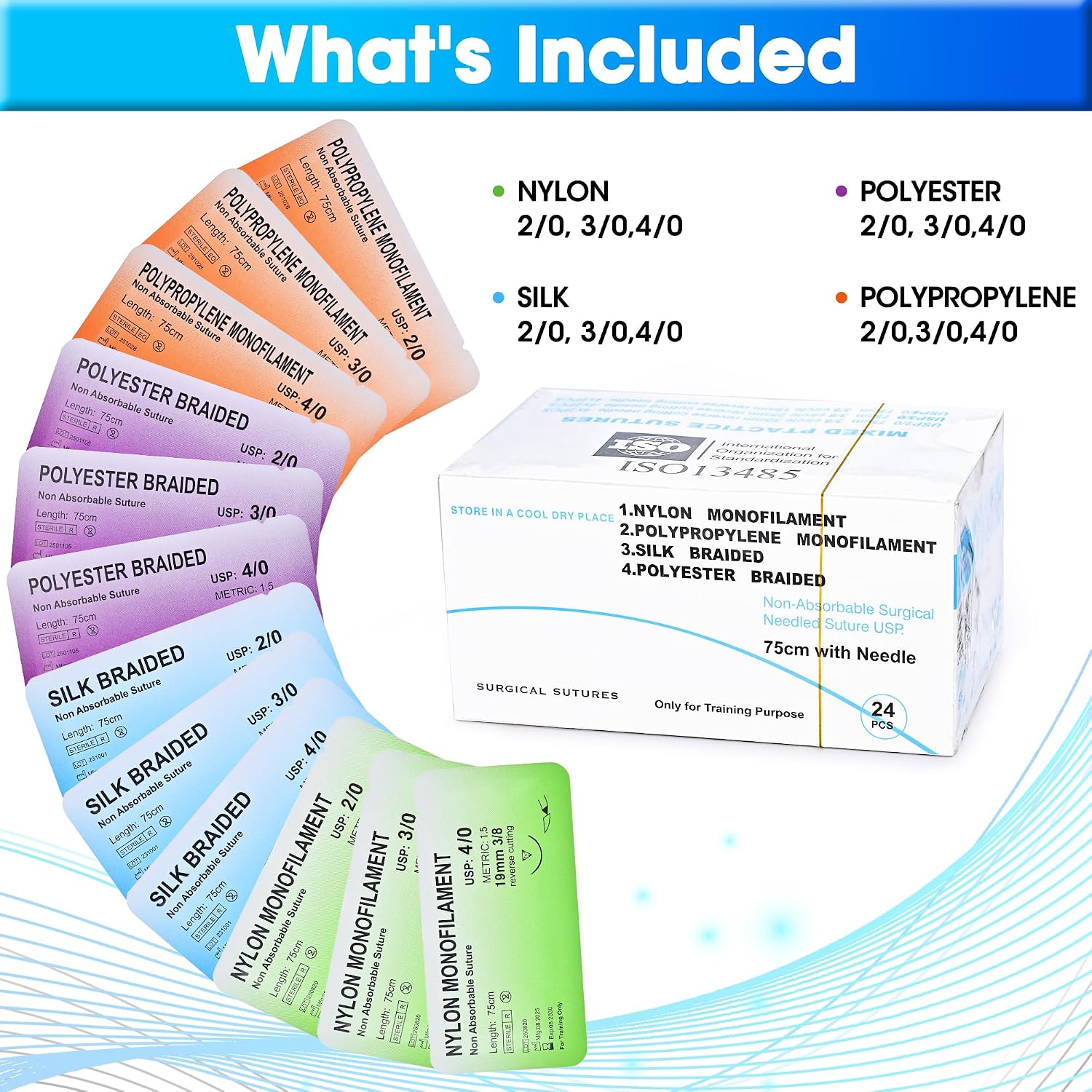 24 Mixed 2/0, 3/0, 4/0 Sutures Thread with Needle, Suture Kit,Suturing Practicing for Students Training (Nylon, Polyester, Polypropylene,Silk)