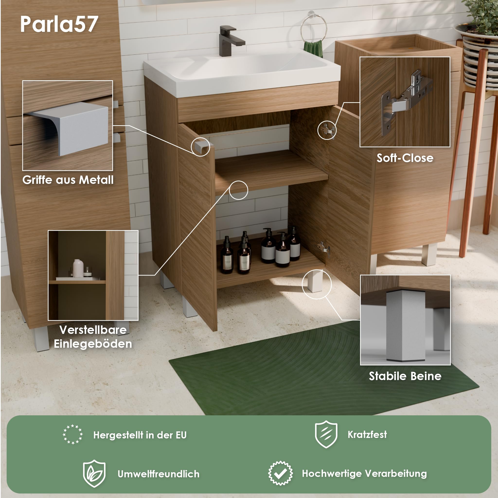 Badezimmerschrank mit Waschbecken 57x84x34 cm (BxHxT) Parla, Badezimmerschrank Stehend, Waschtisch mit Unterschrank, Badezimmermöbel für Gäste WC, Waschbecken mit Unterschrank - Braun