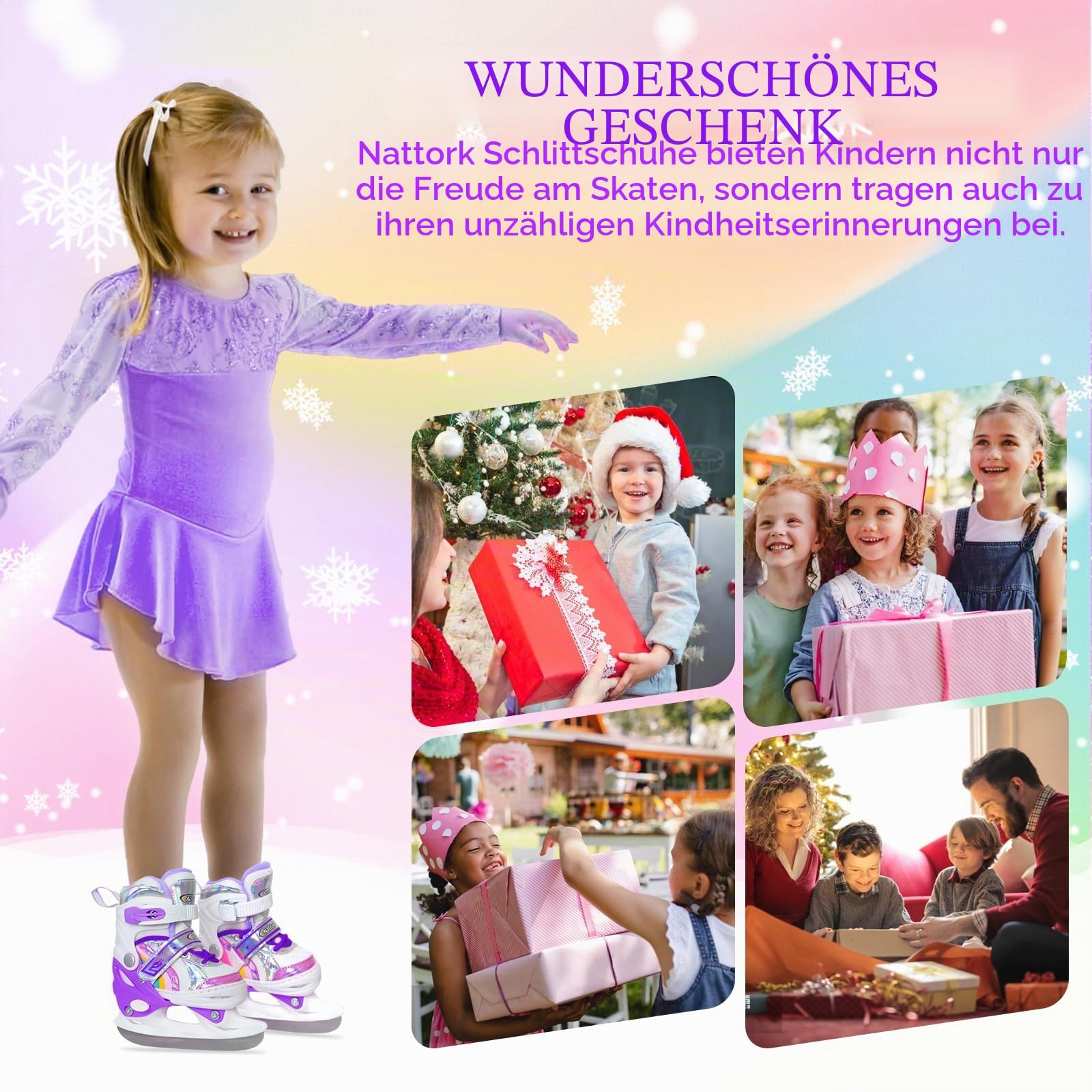 Nattork Mädchen-Eislaufschuhe für Kinder, 4-Fach verstellbar, Butterfly-Eislaufschuhe mit Fleecefutter für draußen und die Eisbahn