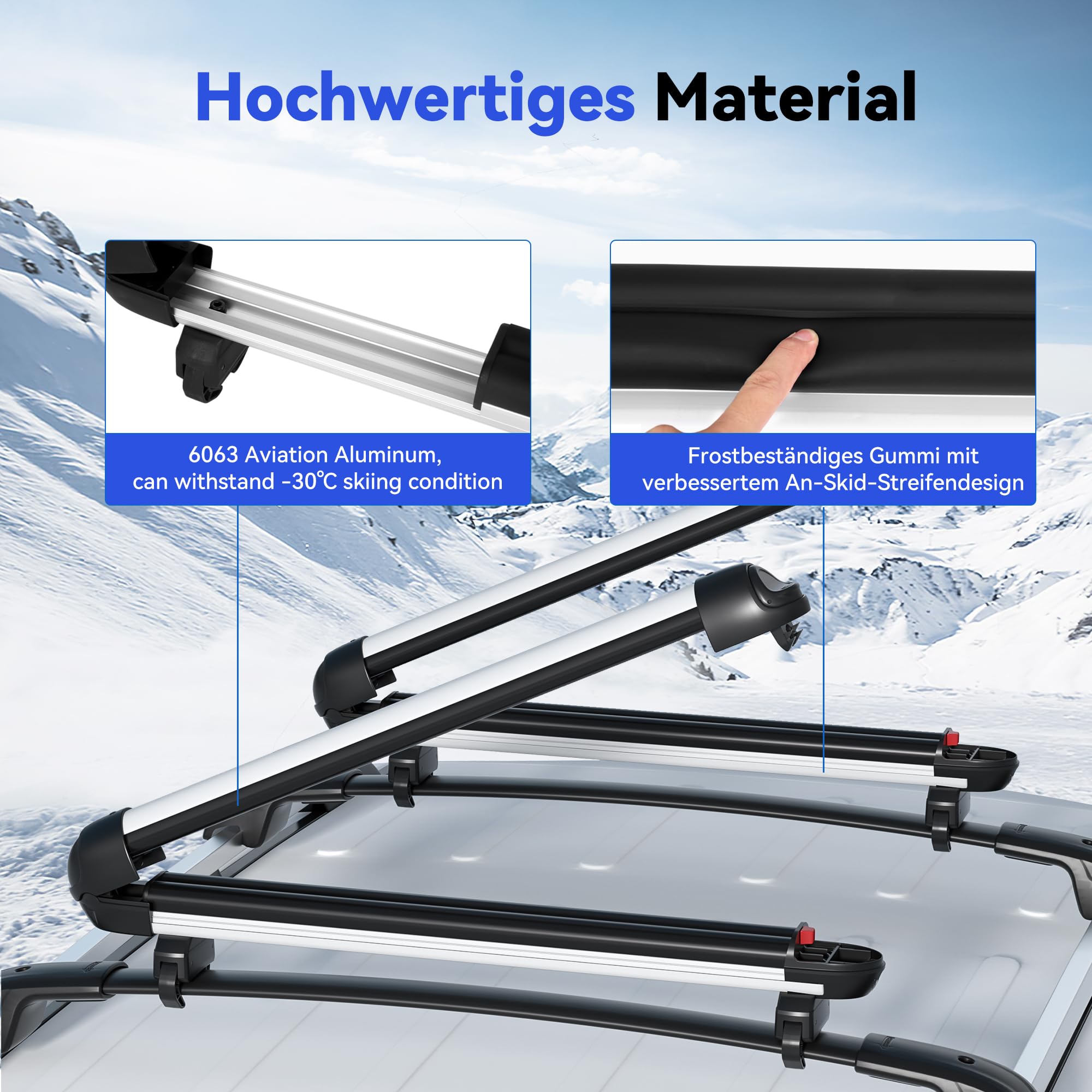 Richeer Ski- und Snowboard-Dachträger, Universal-Skiträger, 28'' Passend für 6 Paar Skier/4 Snowboards, mit Anti-Diebstahl-Schloss, Passend für Square/Round/Aero/Oval Cross Bars, Silber