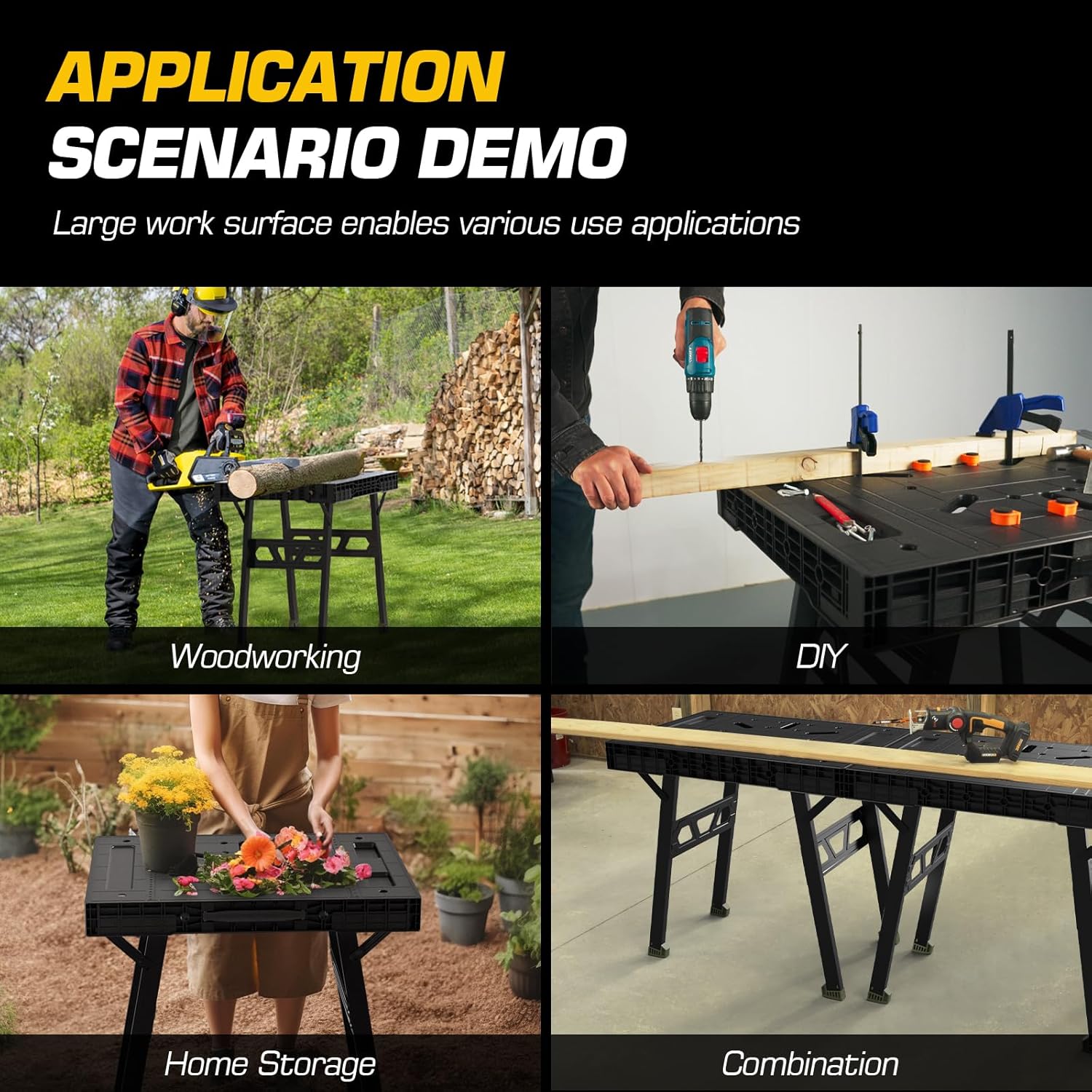 Express Folding Work Table, Easy Setup Portable Folding Work Table & Portable Folding Workbench, 34" W x 25" D x 31" H Lightweight Versatile Clamping Worktable for Garage/Wood Shop (Black)