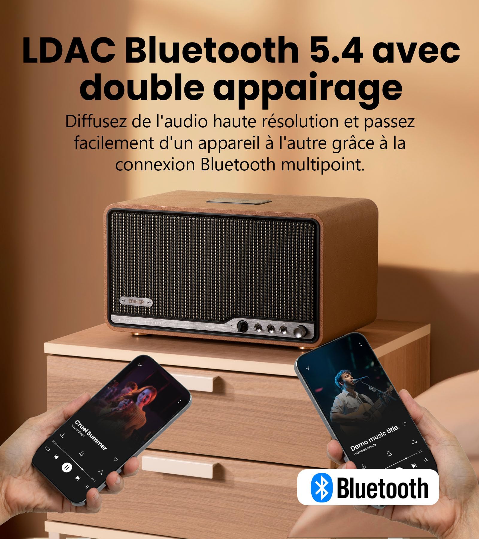 Edifier S300 Enceinte Rétro Hi-Res Bluetooth，80W RWS，Marron