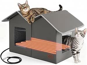 Bedsure Heated Outdoor Cat House - Weatherproof Insulated Feral Cat Shelter with Raised Base, 22.5x12.5x13.25 inches, Grey