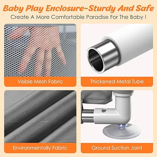 Miniatura 3 de Corralito para bebés de 75 x 59 pulgadas con alfombra, corralito extra grande, gris con bolsa de almacenamiento, área de juego segura para bebés con