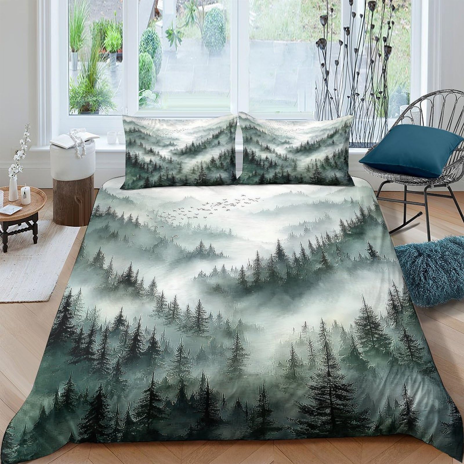 Ctjqhvkz Style-9 3D Printed Misty Forest Fitted Sheet Microfiber Soft Green Pine Mountain Mattress Cover For Bedroom Guestroom Decor Single（135X200cm）